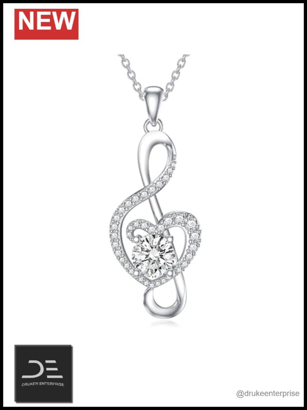 Mossanite Music Note Pendant Necklace Sterling Silver 18" 14K White Gold Plated